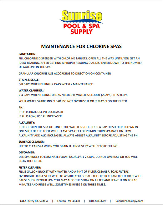 Maintenance for chlorine for Spas